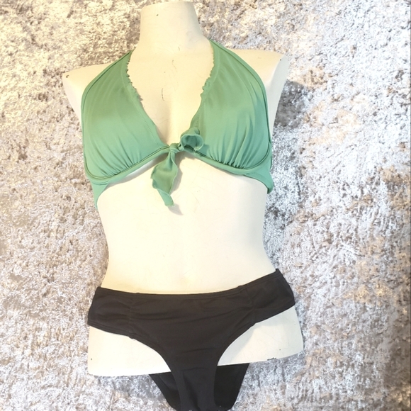 Y2K Victoria's Secret Underwire Bikini Green Roxy Black Swim Swimsuit Small 34d - Picture 1 of 10
